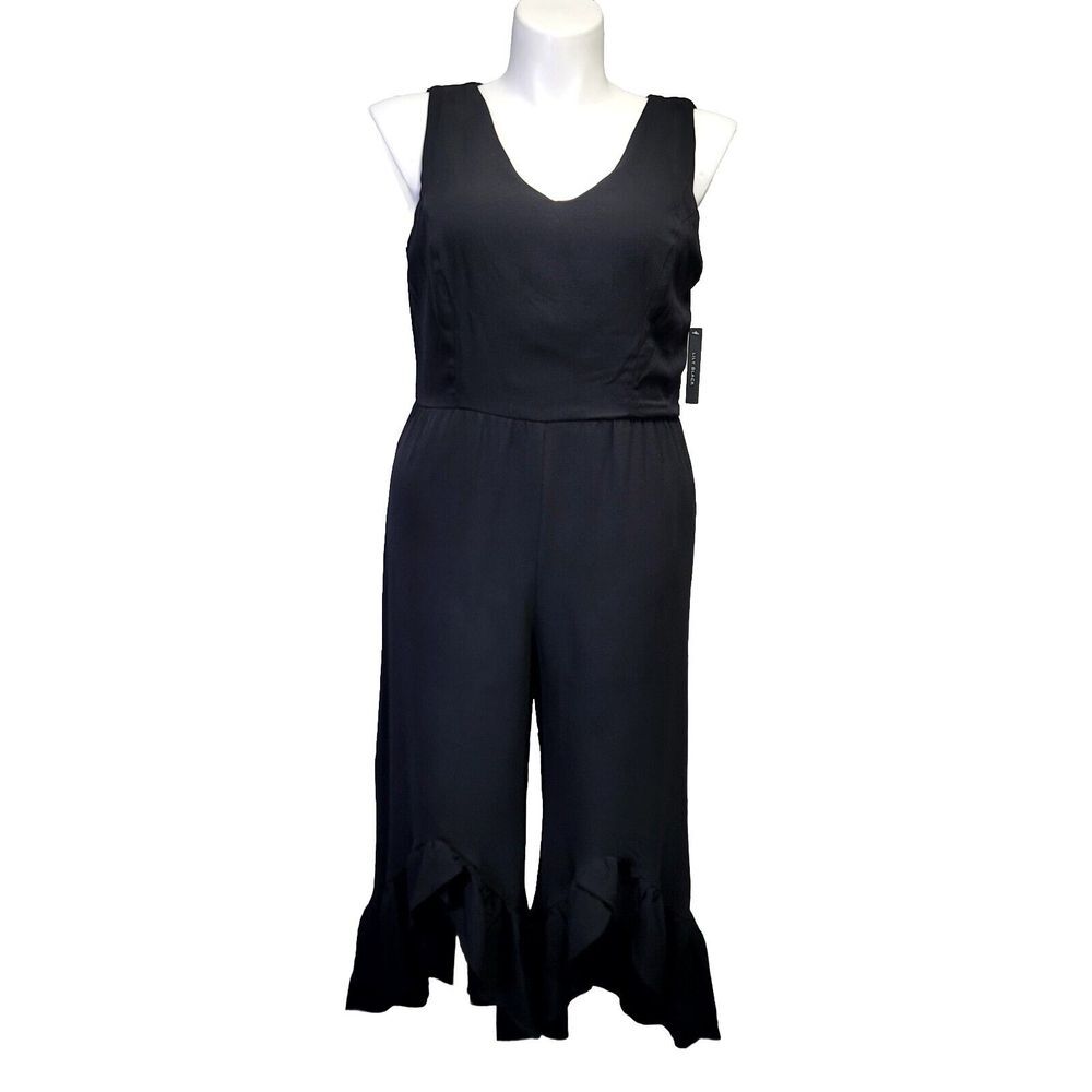 Lily Black Womens L Black Crepe‎ Poly Jumpsuit Sleeveless Ruffle Hi-lo Leg Hem